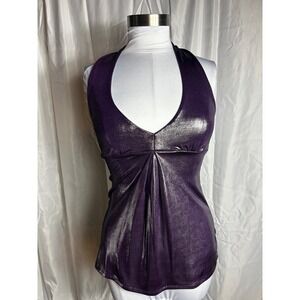 Vintage Guess Purple Metallic Halter Top Rhinestone Chain Back XS V-Neck Shimmer